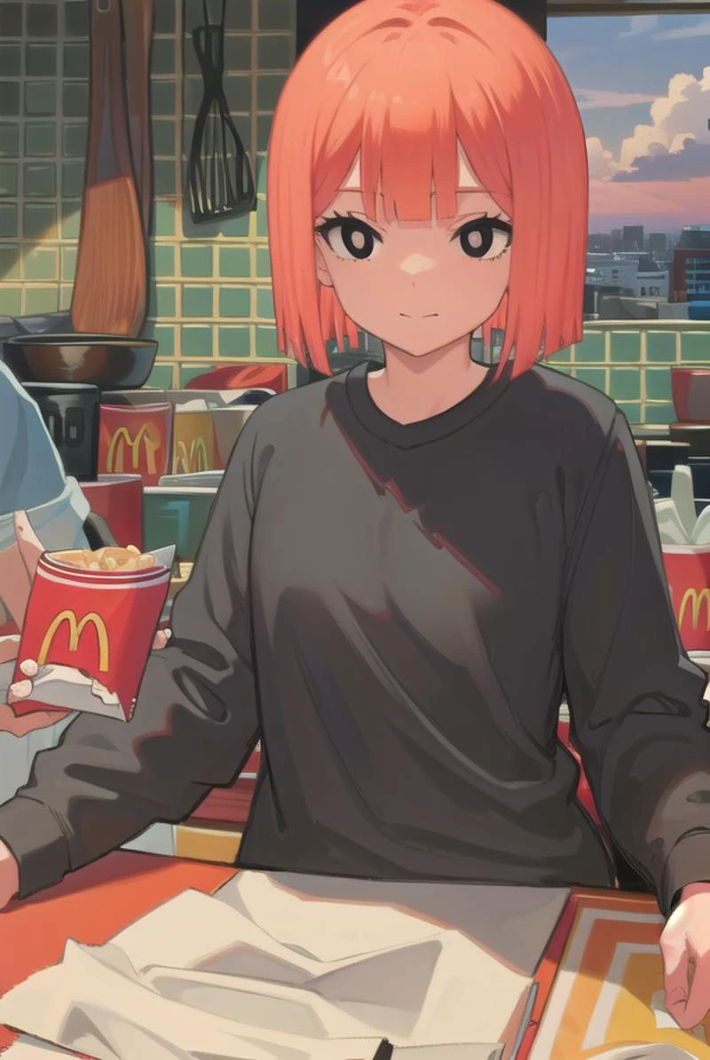 yorumac, <lyco:yorumac-lyco-nochekaiser:1>,
yoru mac, short hair, bangs, (black eyes:1.5), blunt bangs, orange hair, bob cut, smile,
BREAK shirt, long sleeves, pants, sweater, grey pants,
BREAK looking at viewer, full body,
BREAK indoors, restaurant, mcdonalds,
BREAK <lyco:GoodHands-beta2:1>, (masterpiece:1.2), best quality, high resolution, unity 8k wallpaper, (illustration:0.8), (beautiful detailed eyes:1.6), extremely detailed face, perfect lighting, extremely detailed CG, (perfect hands, perfect anatomy),
