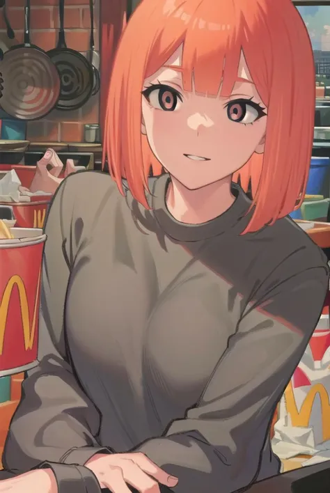 yorumac, <lyco:yorumac-lyco-nochekaiser:1>,
yoru mac, short hair, bangs, (black eyes:1.5), blunt bangs, orange hair, bob cut, smile,
BREAK shirt, long sleeves, pants, sweater, grey pants,
BREAK looking at viewer, full body,
BREAK indoors, restaurant, mcdonalds,
BREAK <lyco:GoodHands-beta2:1>, (masterpiece:1.2), best quality, high resolution, unity 8k wallpaper, (illustration:0.8), (beautiful detailed eyes:1.6), extremely detailed face, perfect lighting, extremely detailed CG, (perfect hands, perfect anatomy),