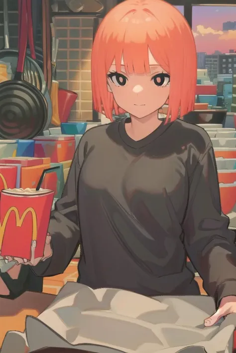 yorumac, <lyco:yorumac-lyco-nochekaiser:1>,
yoru mac, short hair, bangs, (black eyes:1.5), blunt bangs, orange hair, bob cut, smile,
BREAK shirt, long sleeves, pants, sweater, grey pants,
BREAK looking at viewer, full body,
BREAK indoors, restaurant, mcdonalds,
BREAK <lyco:GoodHands-beta2:1>, (masterpiece:1.2), best quality, high resolution, unity 8k wallpaper, (illustration:0.8), (beautiful detailed eyes:1.6), extremely detailed face, perfect lighting, extremely detailed CG, (perfect hands, perfect anatomy),