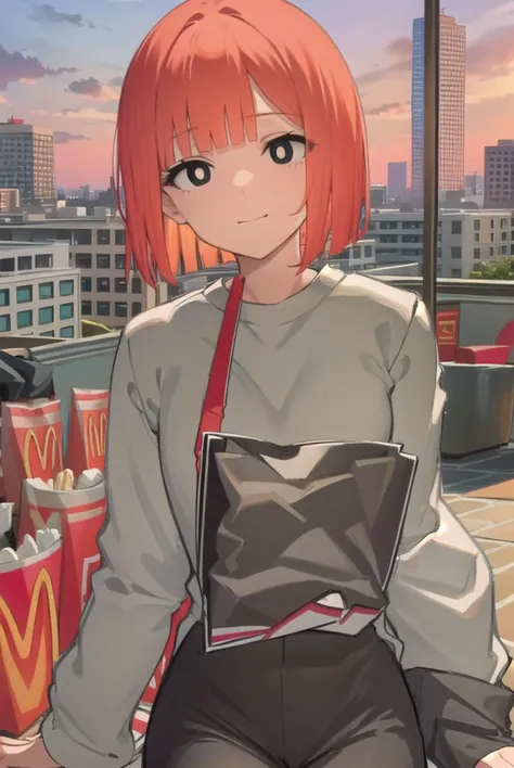 yorumac, <lyco:yorumac-lyco-nochekaiser:1>,
yoru mac, short hair, bangs, (black eyes:1.5), blunt bangs, orange hair, bob cut, smile,
BREAK shirt, long sleeves, pants, sweater, grey pants,
BREAK looking at viewer, full body,
BREAK indoors, restaurant, mcdonalds,
BREAK <lyco:GoodHands-beta2:1>, (masterpiece:1.2), best quality, high resolution, unity 8k wallpaper, (illustration:0.8), (beautiful detailed eyes:1.6), extremely detailed face, perfect lighting, extremely detailed CG, (perfect hands, perfect anatomy),