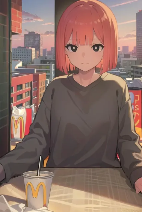 yorumac, <lyco:yorumac-lyco-nochekaiser:1>,
yoru mac, short hair, bangs, (black eyes:1.5), blunt bangs, orange hair, bob cut, smile,
BREAK shirt, long sleeves, pants, sweater, grey pants,
BREAK looking at viewer, full body,
BREAK indoors, restaurant, mcdonalds,
BREAK <lyco:GoodHands-beta2:1>, (masterpiece:1.2), best quality, high resolution, unity 8k wallpaper, (illustration:0.8), (beautiful detailed eyes:1.6), extremely detailed face, perfect lighting, extremely detailed CG, (perfect hands, perfect anatomy),