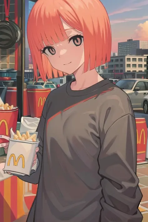 yorumac, <lyco:yorumac-lyco-nochekaiser:1>,
yoru mac, short hair, bangs, (black eyes:1.5), blunt bangs, orange hair, bob cut, smile,
BREAK shirt, long sleeves, pants, sweater, grey pants,
BREAK looking at viewer, full body,
BREAK indoors, restaurant, mcdonalds,
BREAK <lyco:GoodHands-beta2:1>, (masterpiece:1.2), best quality, high resolution, unity 8k wallpaper, (illustration:0.8), (beautiful detailed eyes:1.6), extremely detailed face, perfect lighting, extremely detailed CG, (perfect hands, perfect anatomy),