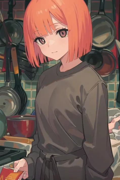 yorumac, <lyco:yorumac-lyco-nochekaiser:1>,
yoru mac, short hair, bangs, (black eyes:1.5), blunt bangs, orange hair, bob cut, smile,
BREAK shirt, long sleeves, pants, sweater, grey pants,
BREAK looking at viewer, full body,
BREAK indoors, kitchen,
BREAK <lyco:GoodHands-beta2:1>, (masterpiece:1.2), best quality, high resolution, unity 8k wallpaper, (illustration:0.8), (beautiful detailed eyes:1.6), extremely detailed face, perfect lighting, extremely detailed CG, (perfect hands, perfect anatomy),