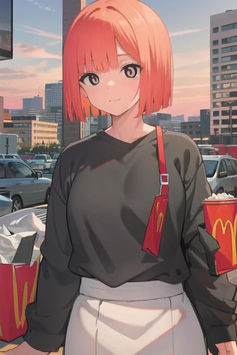 yorumac, <lyco:yorumac-lyco-nochekaiser:1>,
yoru mac, short hair, bangs, (black eyes:1.5), blunt bangs, orange hair, bob cut, smile,
BREAK shirt, long sleeves, pants, sweater, grey pants,
BREAK looking at viewer, full body,
BREAK indoors, restaurant, mcdonalds,
BREAK <lyco:GoodHands-beta2:1>, (masterpiece:1.2), best quality, high resolution, unity 8k wallpaper, (illustration:0.8), (beautiful detailed eyes:1.6), extremely detailed face, perfect lighting, extremely detailed CG, (perfect hands, perfect anatomy),