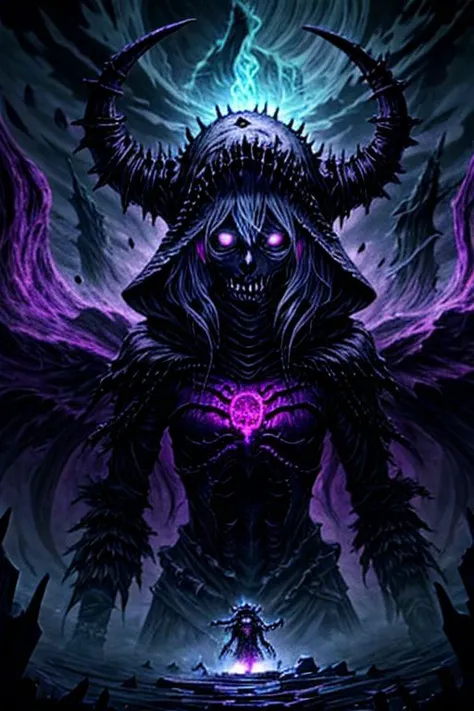 lich queen, lovecraftian character, hidden tomb, far north, throne from bones, far look, red purple and black colors, epic scene, uhd, 8k, high details