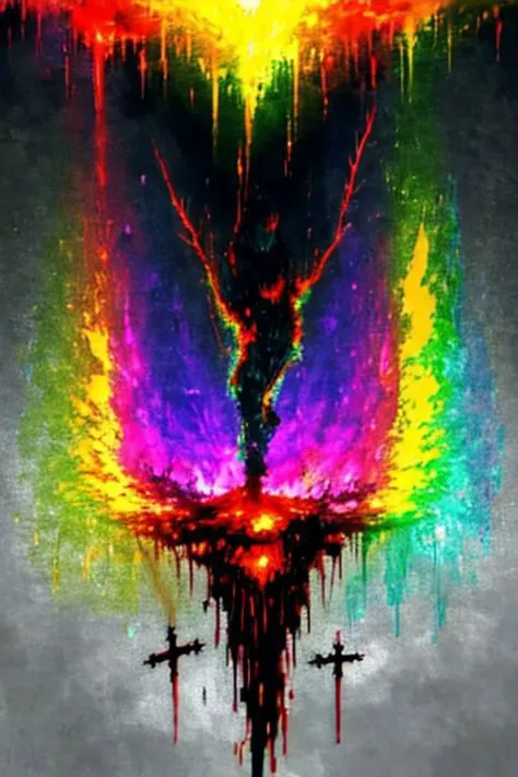 veins growing and pumping blood, full body in frame, satanic cross, realistic photography, explanding, the death of a population, detailed sky, connecting, rainbow veins everywhere, nuclear explosion, alice prin, high res anime, oozing thick neon rainbow blood, rainbow skin, realistic blood, oozing thick rainbow blood