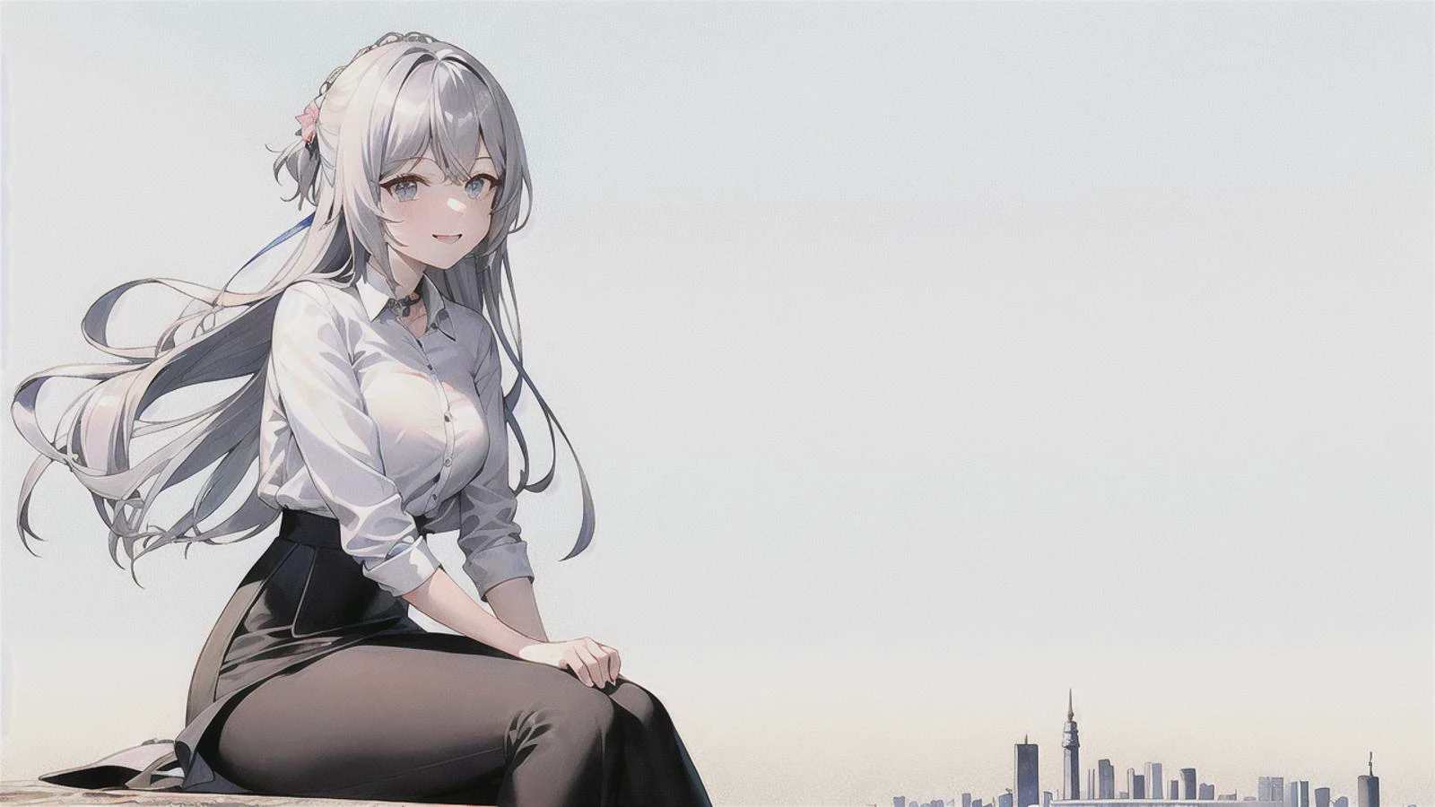 best quality, jacket, smile, 1girl, 1girl,freedom+pencil_skirt,cowboy shot,town background, sitting, silver hair, casual outfit, flower,