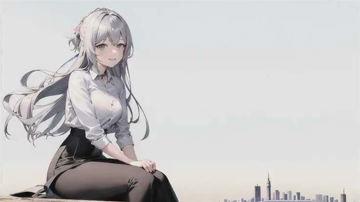 best quality, jacket, smile, 1girl, 1girl,freedom+pencil_skirt,cowboy shot,town background, sitting, silver hair, casual outfit, flower,