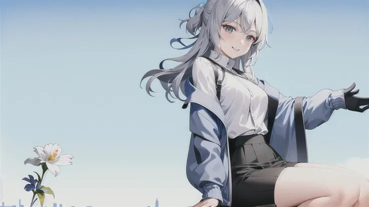 best quality, jacket, smile, 1girl, 1girl,freedom+pencil_skirt,cowboy shot,town background, sitting, silver hair, casual outfit, flower,