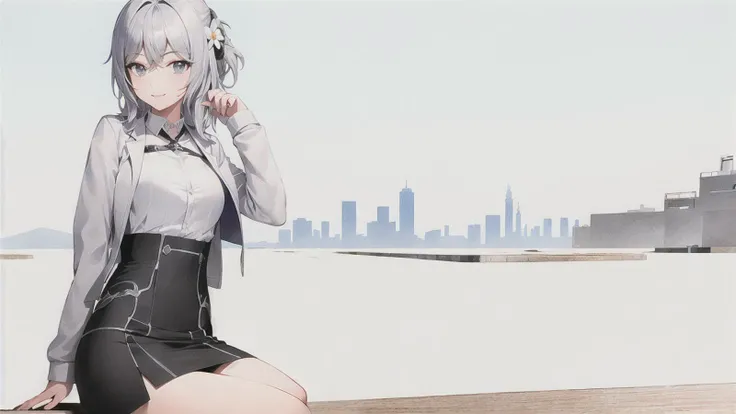 best quality, jacket, smile, 1girl, 1girl,freedom+pencil_skirt,cowboy shot,town background, sitting, silver hair, casual outfit, flower,