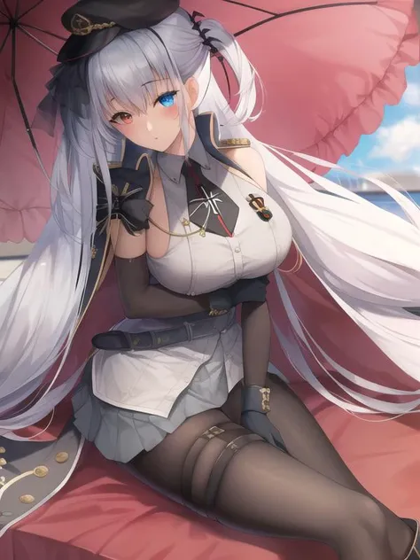 (hyper extreme detailed),(masterpeace),(hyper extreme),(photorealistic),CG,(colour:1.2), solo, <lora:Elbing_v1:1>,Elbing,silver hair,long hair,hat,odd eye,red eyes, blue eyes, grey shirt, bkack skirt, pantyhose, long boots,