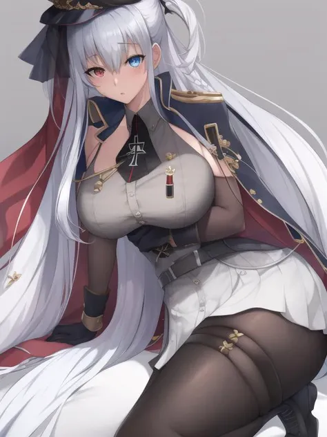 (hyper extreme detailed),(masterpeace),(hyper extreme),(photorealistic),CG,(colour:1.2), solo, <lora:Elbing_v1:1>,Elbing,silver hair,long hair,hat,odd eye,red eyes, blue eyes, grey shirt, bkack skirt, pantyhose, long boots,