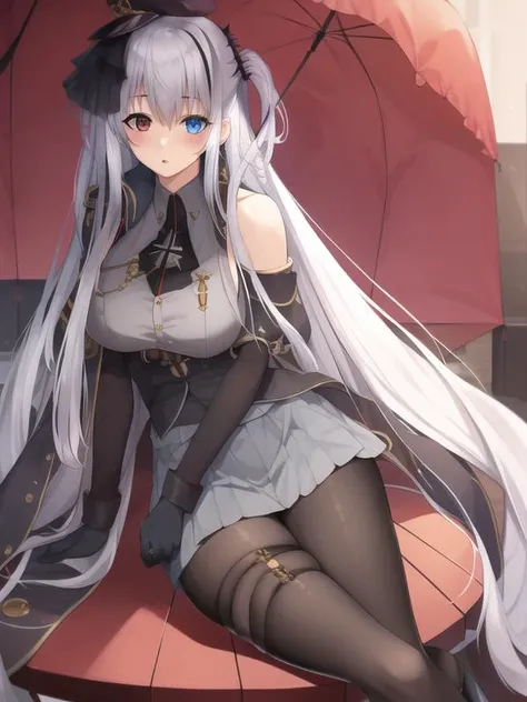 (hyper extreme detailed),(masterpeace),(hyper extreme),(photorealistic),CG,(colour:1.2), solo, <lora:Elbing_v1:1>,Elbing,silver hair,long hair,hat,odd eye,red eyes, blue eyes, grey shirt, bkack skirt, pantyhose, long boots,