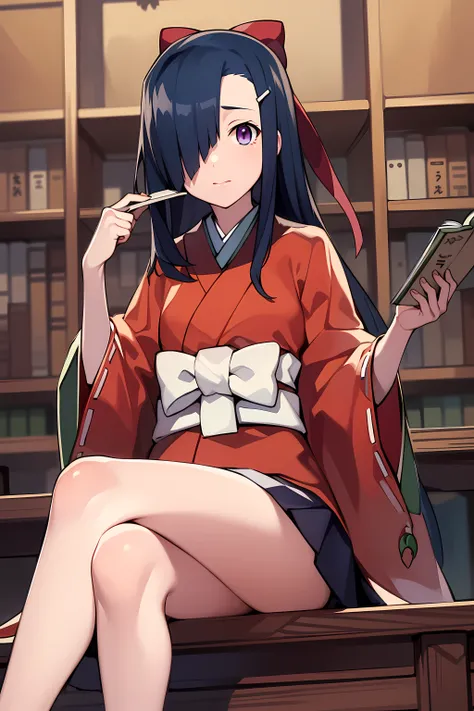 (masterpiece, best quality), 1girl, TsubakiKasugano, reading, tome in hand, reading a tome, one tome, sitting, <lora:TsubakiKasugano-16:0.7>