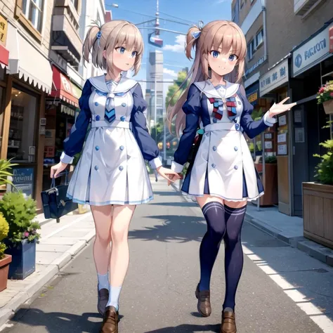 extremely detailed CG unreal engine 8k, best quality, beautiful detailed 2girls, (detailed fingers, detailed hands, detailed face), all intricate, walking, full body, detailed buildings background ADDCOMM
yuu madobe, multicolored eyes, (light brown hair), short hair, dual twintails, hairties, blue and white dress, multicolored tie, blue ankle socks, brown shoes, (smile :0.5), talking, pointing, looking away
ADDCOL
((ai madobe)), multicolored eyes, light brown hair, ((long hair), side ponytail), hairtie, blue and white dress, multicolored bow, blue thighhighs, grey shoes, grin, closed mouth, (v-shaped eyebrows)
<lora:YuuaiM:0.6>