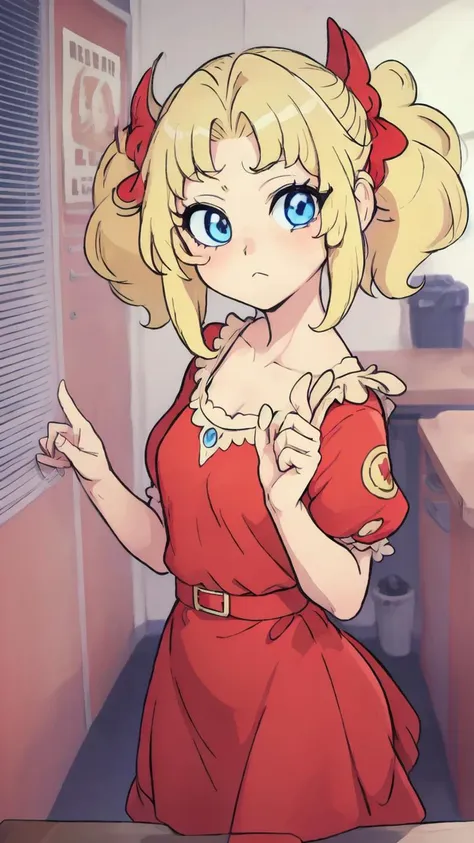 masterpiece, best quality, ultra detailed, <lora:Sandy(Kassos):1>, looking at viewer, standing, blond hair, malice, blue eyes, red dress, v-sign, upper body