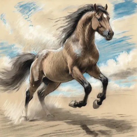 A color chalk sketch of a majestic horse rearing up in a vast, open landscape. The horse's mane flows freely, and its hooves kick up dust. The sky overhead is vast and dramatic, filled with fluffy white clouds. The sketch is rendered in a mix of pastel shades and deep blacks and browns, capturing intricate details of the horse's muscles and the texture of the sand beneath its hooves. The overall mood of the image is one of freedom, power, and raw nature. <lora:Chalk_Sketch_SDXL_v1:1>