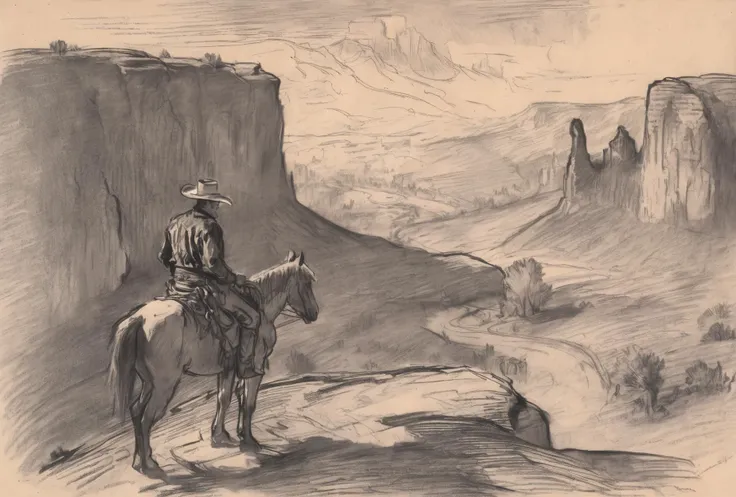 A monochrome chalk sketch of a vast, rugged landscape dominated by towering rock formations. A lone cowboy, dressed in traditional attire, sits atop a horse, gazing into the distance. The scene is rendered in loose strokes of black chalk or charcoal, giving the scene a dreamy, almost surreal quality. <lora:Chalk_Sketch_SDXL_v1:1>