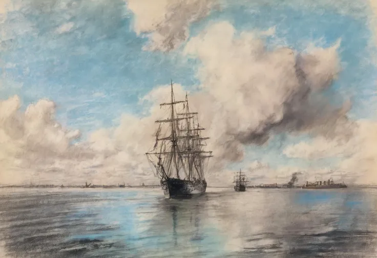 A color chalk sketch of a vast expanse of water, with a large ship sailing on it. The ship emits dark smoke from its chimney, and the pastel blue sky overhead is filled with fluffy white clouds. The sunlight reflects off the water, creating a shimmering effect. <lora:Chalk_Sketch_SDXL_v1:1>