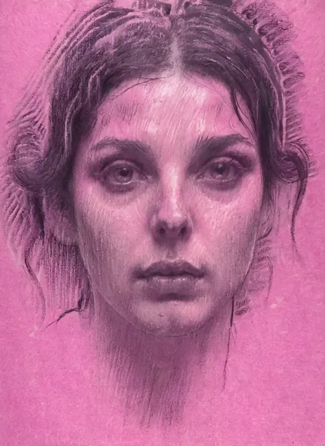 A close-up sketch of a woman's face, captured in black and white chalk on pink paper. The woman has wet hair, possibly from rain or a water-based activity, and her eyes are accentuated with dark makeup. The sketch has a dramatic and intense mood, with the woman's gaze directed towards the viewer. The composition is tight, focusing mainly on her face, neck, and bare shoulders. <lora:Chalk_Sketch_SDXL_v1:1>