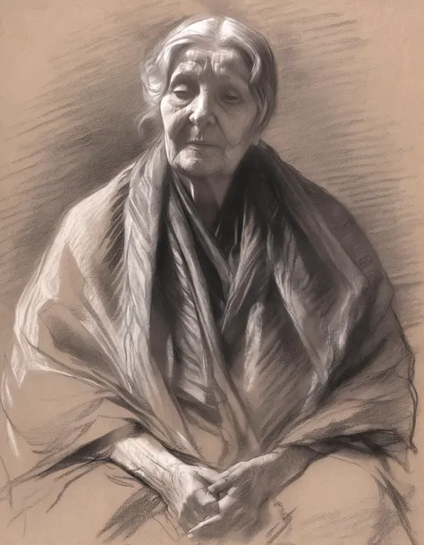 A monochrome chalk sketch of an elderly woman with a serene expression, gazing upwards. She is draped in a flowing shawl, with her hands resting on her lap. The artwork is rendered in a detailed charcoal or black chalk style, capturing the nuances of her facial features and the texture of her attire. <lora:Chalk_Sketch_SDXL_v1:1>
