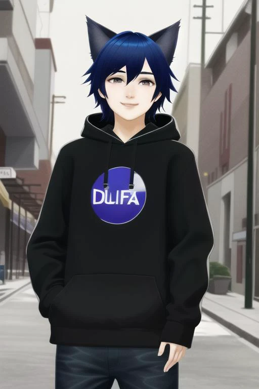 <lora:EarthandDuskVtuber:.7>(masterpiece, best quality, ultra-detailed, highres, absurdres), perfect face, sidelighting, lustrous skin,(bloom), (shine), lighting, ray tracing, sci-fi, solo, 1boy, animal ears, male focus, cat ears, solo, purple eyes, smile, vibrant dusky purple and blue hair, looking at viewer, hoodie, hood, city, trees, sunset, virtual youtuber, cat boy, depth_of_field, very detailed background, highly detailed background, Masterpiece, Ultra detailed, great composition,extremely delicate and beautiful,(Highest picture quality), (Master's work), depth of field, solo, extreme light and shadow, masterpiece, rich in detail, (fine features), (highest quality), (masterpiece), (detailed eyes), (beautiful) detailed,beautiful detailed eyes, cyberpunk:1, full body, (extremely detailed illustrated digital art 8k wallpaper),(masterpiece), (best quality), (ultra-detailed), (best illustration),(best shadow),perfect lighting , perfect anatomy , vivid colors,