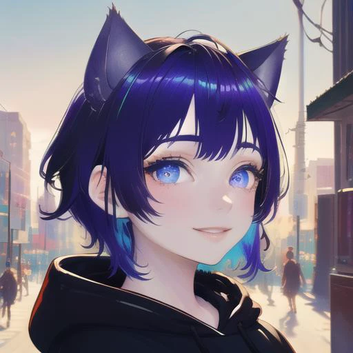 <lora:EarthandDuskVtuber:.7> (masterpiece, best quality, ultra-detailed, highres, absurdres), perfect face, sidelighting, lustrous skin,(bloom), (shine), lighting, ray tracing, sci-fi, solo, 1boy, animal ears, male focus, cat ears, solo, vibrant violet eyes, smile, vibrant purple and blue hair, looking at viewer, hoodie, hood, virtual youtuber, cat boy, city, trees, sunset,  depth_of_field, very detailed background, highly detailed background, Masterpiece, Ultra detailed, great composition,extremely delicate and beautiful,(Highest picture quality), (Master's work),   depth of field, solo, extreme light and shadow, masterpiece, rich in detail, (fine features), (highest quality), (masterpiece), (detailed eyes), (beautiful) detailed,beautiful detailed eyes, cyberpunk:1, full body, (extremely detailed illustrated digital art 8k wallpaper),(masterpiece), (best quality), (ultra-detailed), (best illustration),(best shadow),perfect lighting , perfect anatomy , vivid colors,