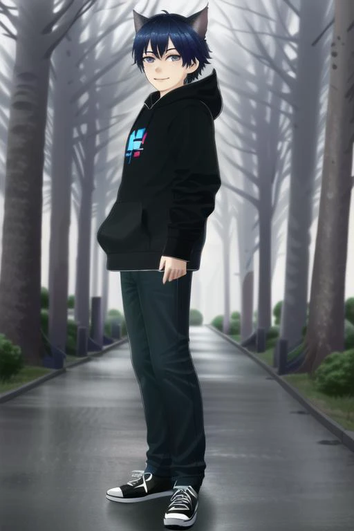 <lora:EarthandDuskVtuber:.7>(masterpiece, best quality, ultra-detailed, highres, absurdres), perfect face, sidelighting, lustrous skin,(bloom), (shine), lighting, ray tracing, sci-fi, solo, 1boy, animal ears, male focus, cat ears, solo, vibrant violet eyes, smile, vibrant purple and blue hair, looking at viewer, hoodie, hood, virtual youtuber, cat boy, city, trees, sunset, depth_of_field, very detailed background, highly detailed background, Masterpiece, Ultra detailed, great composition,extremely delicate and beautiful,(Highest picture quality), (Master's work), depth of field, solo, extreme light and shadow, masterpiece, rich in detail, (fine features), (highest quality), (masterpiece), (detailed eyes), (beautiful) detailed,beautiful detailed eyes, cyberpunk:1, full body, (extremely detailed illustrated digital art 8k wallpaper),(masterpiece), (best quality), (ultra-detailed), (best illustration),(best shadow),perfect lighting , perfect anatomy , vivid colors,