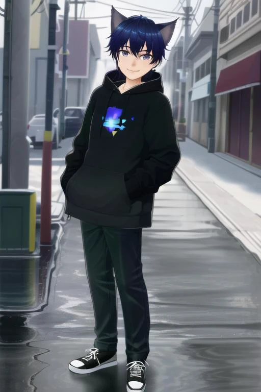 <lora:EarthandDuskVtuber:.7>(masterpiece, best quality, ultra-detailed, highres, absurdres), perfect face, sidelighting, lustrous skin,(bloom), (shine), lighting, ray tracing, sci-fi, solo, 1boy, animal ears, male focus, cat ears, solo, vibrant violet eyes, smile, vibrant purple and blue hair, looking at viewer, hoodie, hood, virtual youtuber, cat boy, city, trees, sunset, depth_of_field, very detailed background, highly detailed background, Masterpiece, Ultra detailed, great composition,extremely delicate and beautiful,(Highest picture quality), (Master's work), depth of field, solo, extreme light and shadow, masterpiece, rich in detail, (fine features), (highest quality), (masterpiece), (detailed eyes), (beautiful) detailed,beautiful detailed eyes, cyberpunk:1, full body, (extremely detailed illustrated digital art 8k wallpaper),(masterpiece), (best quality), (ultra-detailed), (best illustration),(best shadow),perfect lighting , perfect anatomy , vivid colors,