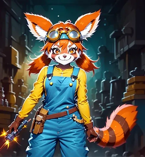 <lora:f_char_gf_nona_mix_bloodysunkist_lora_cs2:0.65>nona, anthro red panda woman, anime cartoon character, blue overalls, yellow shirt, cool hero, goggles on her head, dangerous gunfighter, tinkerer in a stone dungeon, (raccoon:0.15), large backpack, stylized game character, poofy tail, classic, brave, action shot, intense, movement, iconic anime character, 2d