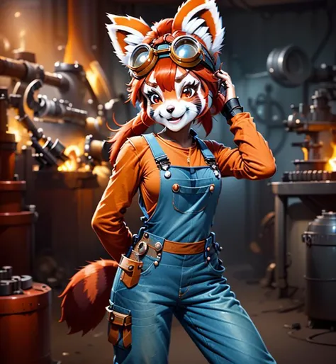 <lora:f_char_gf_nona_mix_bloodysunkist_lora_cs2:0.75>nona, a cute red panda character in overalls, cool hero, goggles on her head, dangerous gunfighter, tinkerer, engineer, (raccoon:0.15), industrial tech, dieselpunk, stylized game character