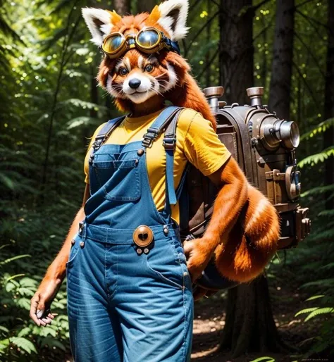 <lora:f_char_gf_nona_mix_bloodysunkist_lora_cs2:0.55>nona, photo of an anthro red panda woman, blue overalls, yellow shirt, cool hero, goggles on her head, dangerous gunfighter, tinkerer out in the forest, (raccoon:0.15), large backpack, stylized game character, fluff, furry body, wildlife photography, brave, detailed, cinematic lighting