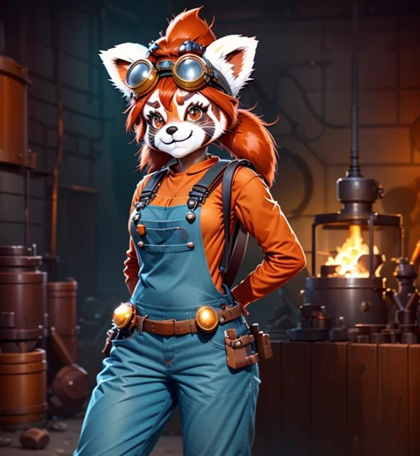 <lora:f_char_gf_nona_mix_bloodysunkist_lora_cs2:0.73>nona, a cute red panda character in overalls, cool hero, goggles on her head, dangerous gunfighter, tinkerer, engineer, (raccoon:0.15), industrial backpack, dieselpunk, stylized game character, exploring a dungeon
