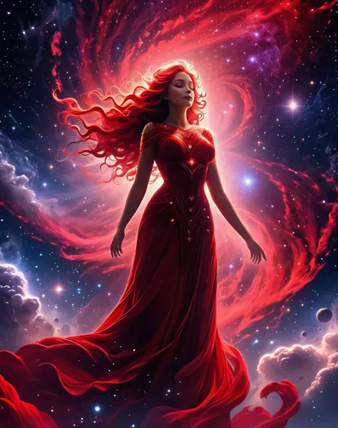 <lora:Dark_Aura_XL_-_Filled_with_miasma:1> dark aura, dynamic angle, 8K, red, HD, celestial dreamscape where a goddess-like figure is surrounded by swirling galaxies and constellations, her presence illuminating the cosmic expanse with radiant elegance