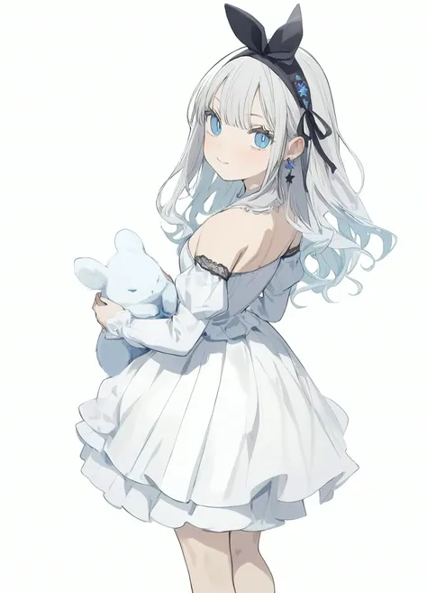 1girl,
tokiwata soul,
bare legs, star \(symbol\), blush, blue eyes, holding animal, rabbit, white dress, standing, dress, strapless dress, looking back, hair ribbon, smile, jewelry, closed mouth, detached sleeves, ribbon, strapless, animal, long hair, black hairband, bare shoulders, full body, solo, looking at viewer, holding, star earrings, black ribbon, white background, simple background, white hair, long dress, earrings, hairband, black footwear,
masterpiece, best quality, newest
<lora:tokiwata_soul_image132_2024-03-28_a31-000033:1>