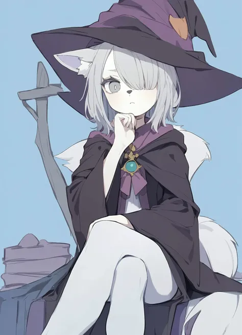 1girl, 
tokiwata soul, 
:|, witch, broom, robe, expressionless, blue eyes, furry, purple cape, sitting, animal ear fluff, animal, fox girl, wide sleeves, hair over one eye, open robe, grey eyes, witch hat, hat, closed mouth, black robe, brooch, blue background, furry female, grey hair, frown, looking at viewer, fox hat, hand on own chin, cape, jewelry, open clothes, animal nose, short hair, crossed legs, long sleeves, arm rest, 
masterpiece, best quality, newest
 <lora:tokiwata_soul_image132_2024-03-28_a31-000033:1>