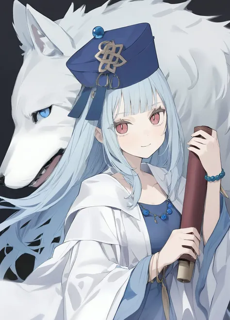 1girl,
tokiwata soul,
looking at viewer, holding, closed mouth, robe, breasts, bracelet, blue dress, blunt bangs, animal ears, red eyes, dress, very long hair, upper body, straight hair, long sleeves, wide sleeves, blue headwear, beads, white robe, eyelashes, black background, hat, medium breasts, light blue hair, jewelry, hime cut, long hair, holding scroll, wolf, wolf ears, collarbone, bead bracelet, sidelocks, hand up, blue hair, scroll, tokin hat, smile,
masterpiece, best quality, newest
<lora:tokiwata_soul_image132_2024-03-28_a31-000033:1>