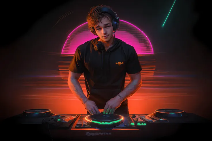 <lora:VaporwaveAlpha:0.75>, (Orange:0.5 and Green:0.5 Theme), 32K, artstation, trending, <lora:DJ:0.8> DJ, futuristic dj turntable, passionate performance, whimsical energy, (repeating vaporwave lines background), audience background, (gradient orange light), fractal green light, (<lora:jaydenmv1:1> jaydenm, realistic, short hair, brown hair, male focus, black shirt, headphones),