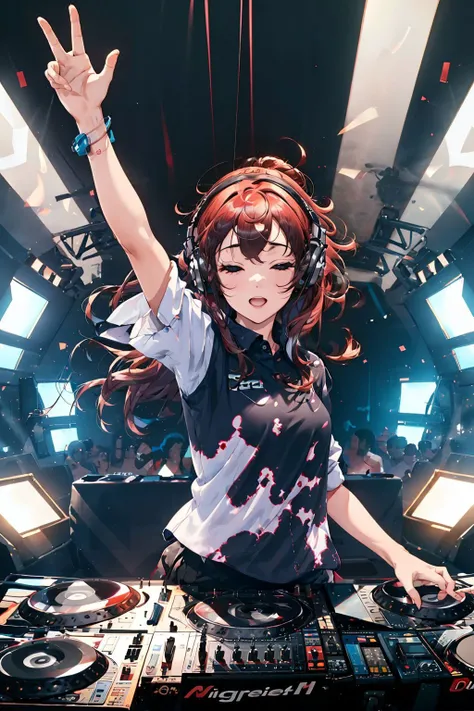 <lora:DJ:1>, DJ, passionate,1girl, floating hair, passion,one arm up, (masterpiece, best quality, high quality, highres, ultra-detailed),