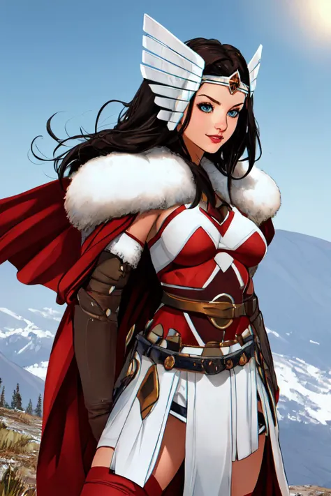 a woman in a red cape and white outfit standing on a mountain