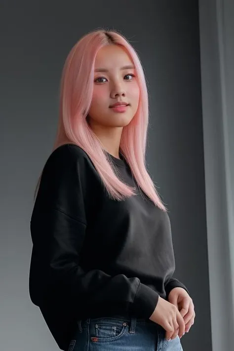 vyvanlelora wearing a black sweatshirt and blue jeans, looking at viewer, smiling, standing, full body shot, (high detailed skin:1.2), 8k uhd, dslr, soft lighting, high quality, film grain, Fujifilm XT3 <lora:vyvanlelora:1>
