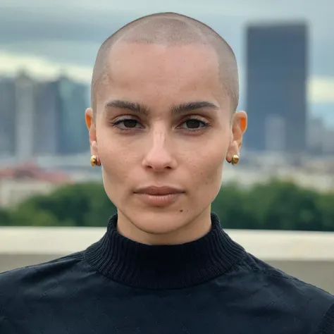 Buzzcut, no hair, bald, (Skin Texture, pores, natural,iPhone,RAW)), natural lighting, Highest Quality closeup Portrait photo of a woman wearing no makeup with a ((buzzcut)), Nikon Z9, realistic matte skin, blurry city in the background, 8K, <lora:zokravitz_xl_1_standard_merger_47_59_83_05_03_02:1>