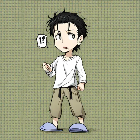 1boy, solo, okabe rintarou, black eyes, grey eyes, standing, white shirt, white background, slippers, !?, pants, meme, screentones, surprised face, <lora:Okabe_Rintarou:1>