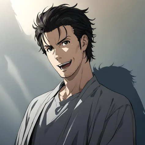 (masterpiece),(best quality),(ultra-detailed),(best illustration),(best shadow),(absurdres),(detailed background),(very aesthetic), okabe rintarou, 1boy, male focus, solo, open mouth, parody, facial hair, stubble, black hair, smile, style parody, black eyes, teeth<lora:Okabe_Rintarou:1>