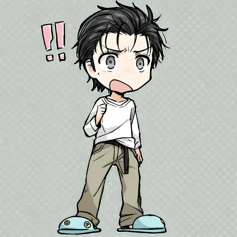 1boy, solo, okabe rintarou, black eyes, grey eyes, standing, white shirt, white background, slippers, !?, pants, meme, screentones, surprised face, <lora:Okabe_Rintarou:1>