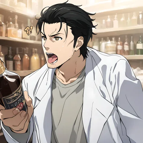 (masterpiece),(best quality),(ultra-detailed),(best illustration),(best shadow),(absurdres),(detailed background),(very aesthetic), okabe rintarou, 1boy, male focus, solo, stubble, facial hair, black hair, food, open mouth, labcoat, parody, bottle, tongue, meme, ?!<lora:Okabe_Rintarou:1>