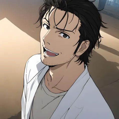 (masterpiece),(best quality),(ultra-detailed),(best illustration),(best shadow),(absurdres),(detailed background),(very aesthetic), okabe rintarou, 1boy, male focus, solo, open mouth, parody, facial hair, stubble, black hair, smile, style parody, black eyes, teeth<lora:Okabe_Rintarou:1>