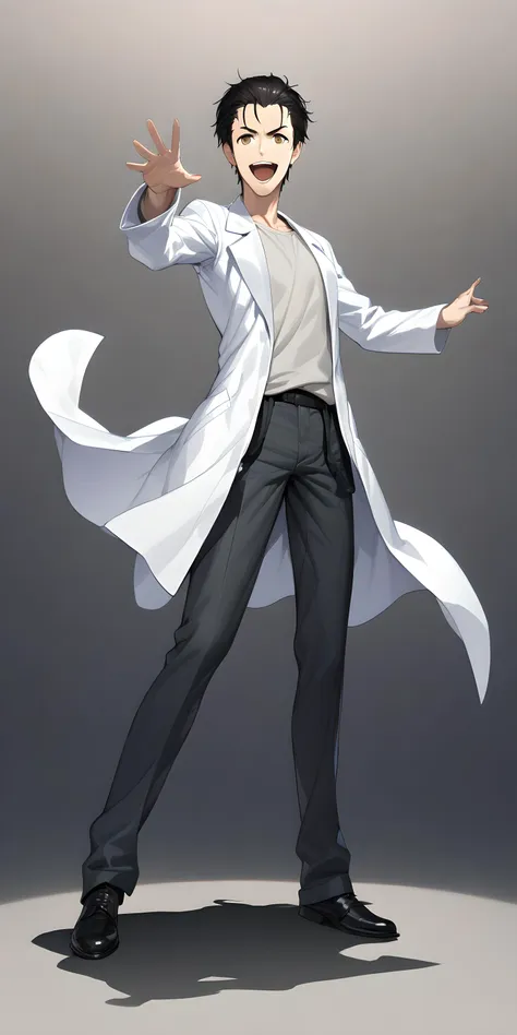 (masterpiece),(best quality),(ultra-detailed),(best illustration),(best shadow),(absurdres),(detailed background),(very aesthetic), okabe rintarou, 1boy, male focus, solo, black hair, labcoat, cosplay, open mouth, full body, smile, brown eyes, pants <lora:Okabe_Rintarou:1>