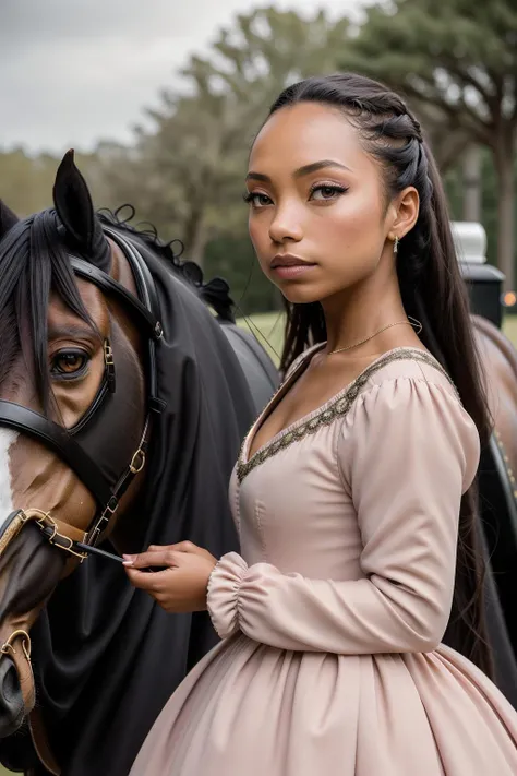 masterpiece, best quality, loganb <lora:loganbrowningV05:1> , <lora:polyhedron_skinny_all:.2> , blush, black eyeliner, solo, long sleeve renaissance dress , finely detailed skin, next to horse drawn carriage, photograph, high resolution, 8k, realistic, photo, depth of field