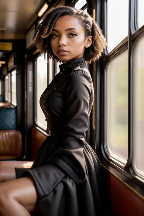 photo realistic, masterpiece, best quality, loganb <lora:loganbrowningV05:1> , <lora:polyhedron_skinny_all:.2>, black eyeliner, natural hair, solo, vintage train, long sleeve modern dress, finely detailed skin, photograph, high resolution, 4k, 8k, realistic, photo, depth of field